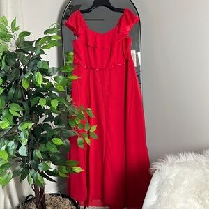 INDIGO ROSE 🌹 Floor Length Red Gown with Ruffle Neck and Short Sleeve NWT